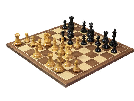 Compact Elite Ebonised Chess Pieces, 15.75" Walnut Board & Slide Top Box - CHESSMAZE STORE UK