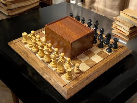 15" Solid Wood Chessboard 3" Ebonized Club Classic & Mahogany Slide Box - CHESSMAZE STORE UK