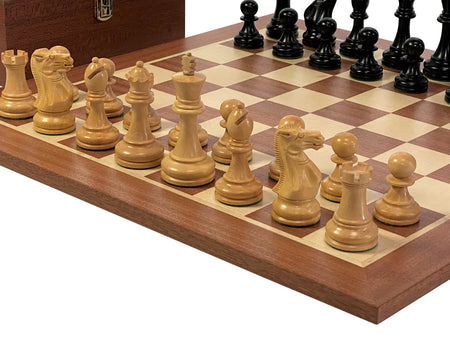 3.5" Stallion Ebonised Chessmen, 19" Mahogany Chess Board & Mahogany Box -  CHESSMAZE STORE UK 