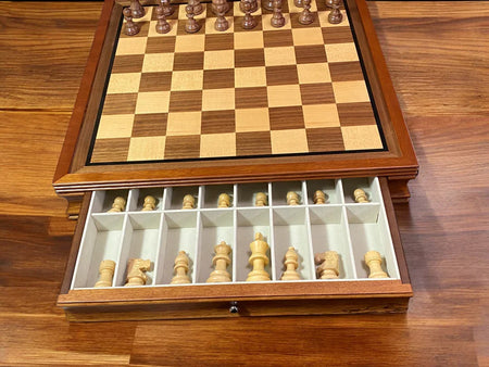 British Acacia Chess Pieces & Mahogany Drawer Chess Board -  CHESSMAZE STORE UK 