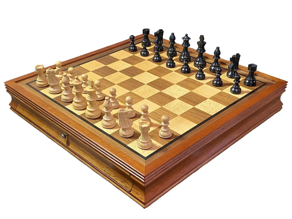 British Black Chess Pieces & Mahogany Drawer Chess Board -  CHESSMAZE STORE UK 