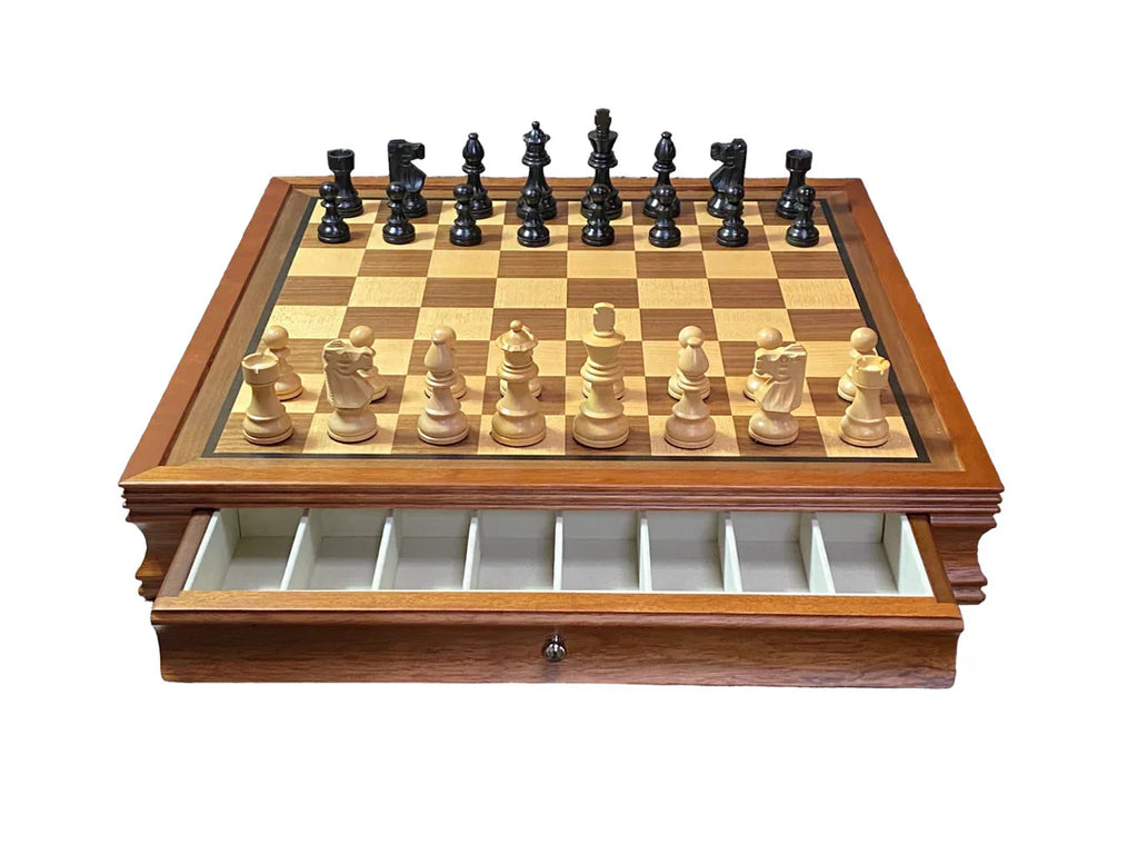 British Black Chess Pieces & Mahogany Drawer Chess Board -  CHESSMAZE STORE UK 