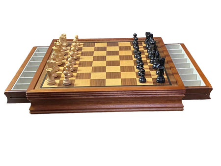 British Black Chess Pieces & Mahogany Drawer Chess Board -  CHESSMAZE STORE UK 